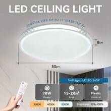 CANMEIJIA 1pc Modern Crystal Ceiling Light, LED Ceiling Light With Remote Control, 3-Color Switchable, Dimmable, Color Temperature Adjustable, 220V Recessed Ceiling Light, Suitable For Living Room/Kitchen/Bedroom, 50W-40CM-5000 Lumens / 70W-50CM-7000 Lumens - Crystal Lampshade, Tri-proof Ceiling Light With Remote Control - View 12