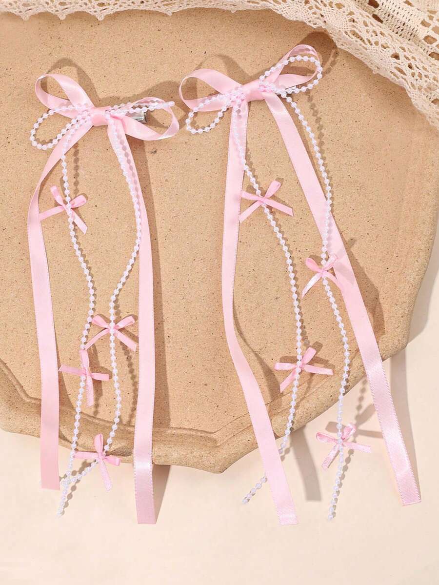 2个粉色流苏发夹，纯色丝带流苏蝴蝶结鳄鱼夹，仿珍珠流苏蝴蝶结发夹，优雅仿珍珠流苏蝴蝶结发卡，婚礼度假双马尾蝴蝶结发夹，女孩发饰，爪夹，发爪，发卡 - 粉色 - 查看 1