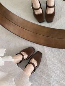 2025 Spring New Retro Brown French Mary Jane Pumps, Vintage Square Toe Thick Heel Backless Strap Leather Shoes For Women