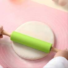 1pc Silicone Rolling Pin With Wooden Handle, Home Use Non-Stick Dough Roller, Baking Tool, Kitchen Utensil - Multicolor - View 2