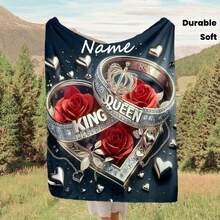 Personalized "KING QUEEN" Engraved Couple Rings Throw Blanket - Soft Warm Flannel With Sparkling Roses & Hearts, Ideal For Sofa, Bedroom, Travel & More, All-Season Polyester, Machine Washable, Romantic Gift Idea, Romantic Gift | Elegant Design | Durable Polyester, Couples Gifts - Nhiều màu - Xem 3