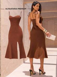 Elegant Midi Dress In Premium Tailoring With A Side Slit. - Rỉ Nâu - Xem 1