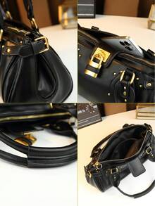 Classic New Motorcycle Style Rivet Lock Head Handbag, Large Capacity Pillow Bag - Black - View 11