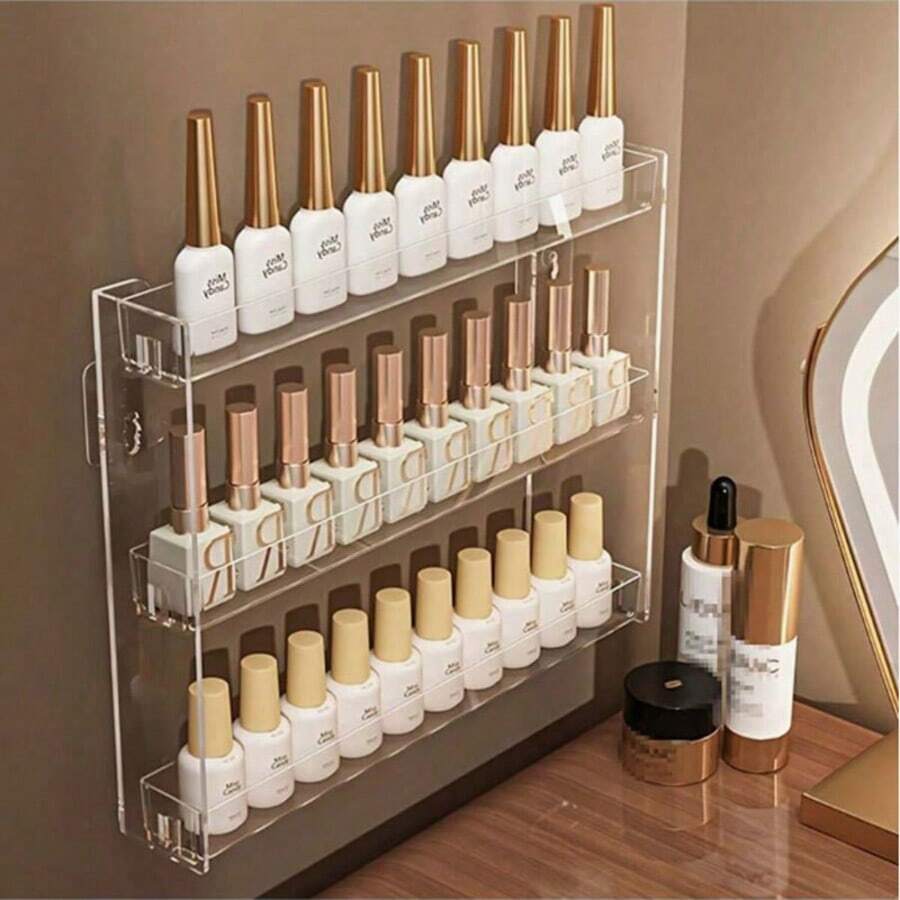 1pc Multi-Functional 3-Tier Nail Polish Display & Storage Rack, PS Material Transparent Layered Lipstick Holder, LED Light Nail Polish & Cosmetics Store Hanging Organizer, Wall-Mounted Floating Shelf - Multicolor - View 1