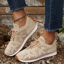 Women's Elegant Round Toe Lace-Up Thick Sole Fashion Sneakers - Apricot - View 4