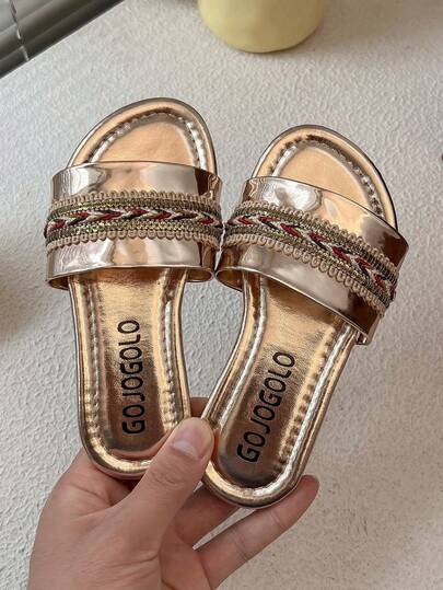 1 Pair Kids Round Toe Woven Open Toe Casual Sandals, Classic & Fashionable, Flat Beach Slippers Suitable For Indoor/Outdoor, Daily, Vacation, Travel