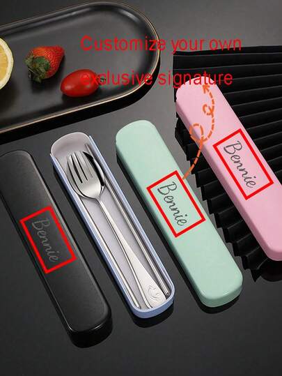 3pcs Customized Stainless Steel Cutlery Set, Laser Printed Name, Portable Stainless Steel Flatware Set Including Spoon, Fork, Chopsticks And Storage Box