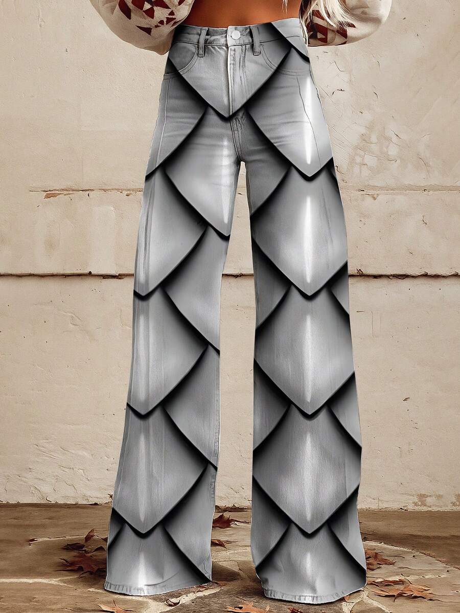 [Imitation Denim][Imitation Faux Denim]Autumn And Winter Fashion 3D Printed Casual Mature Straight Slim Wide-Leg Faux Denim Women'S Long Pants, Loose-Fitting Long Pants For Women, High-Waisted Stretchy Long Pants For Women, Long Pants For Women - 黑色 - 查看 1