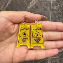 Pair Of 2Dflat Ladies Warning Sign Drop Earrings, Yellow Party And Sports Earrings, Hypoallergenic Iron Ear Hooks, Non-Plated-Slip Warning Sign Design For Daily And Sports Occasions - 一對 - 查看 3