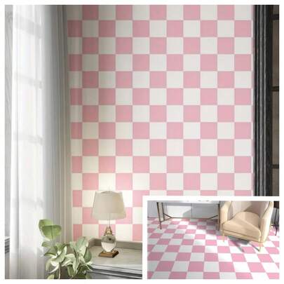 1 Roll Classic Plaid Self-Adhesive Wallpaper, Pink Checkered Wallpaper, Waterproof Oil-Proof Kitchen Sticker, Floor Sticker, Tabletop Sticker, Heat-Resistant Oil-Proof Kitchen Wallpaper, Cabinet Sticker, Furniture Renewal, Bathroom And Kitchen, Home Goods Self-Adhesive Paper