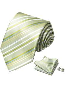 AlanKing 1set Gray Striped Tie, Handkerchief And Cufflinks Set, Formal Business Suit Accessories For Men, Wedding Party Gift Men Necktie - Color Mixing - View 11