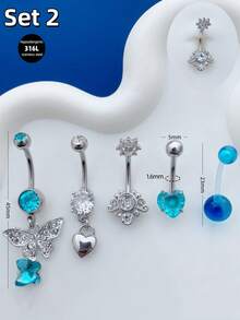 Morlyda 5pcs/Set Cute Sweet Light Blue Navel Rings, Stainless Steel Butterfly Heart Flower Turquoise Cross Acrylic Star Pendant Navel Piercing Jewelry, Gift For Women Girls, Daily, Party, Beach - Baby Blue - View 6