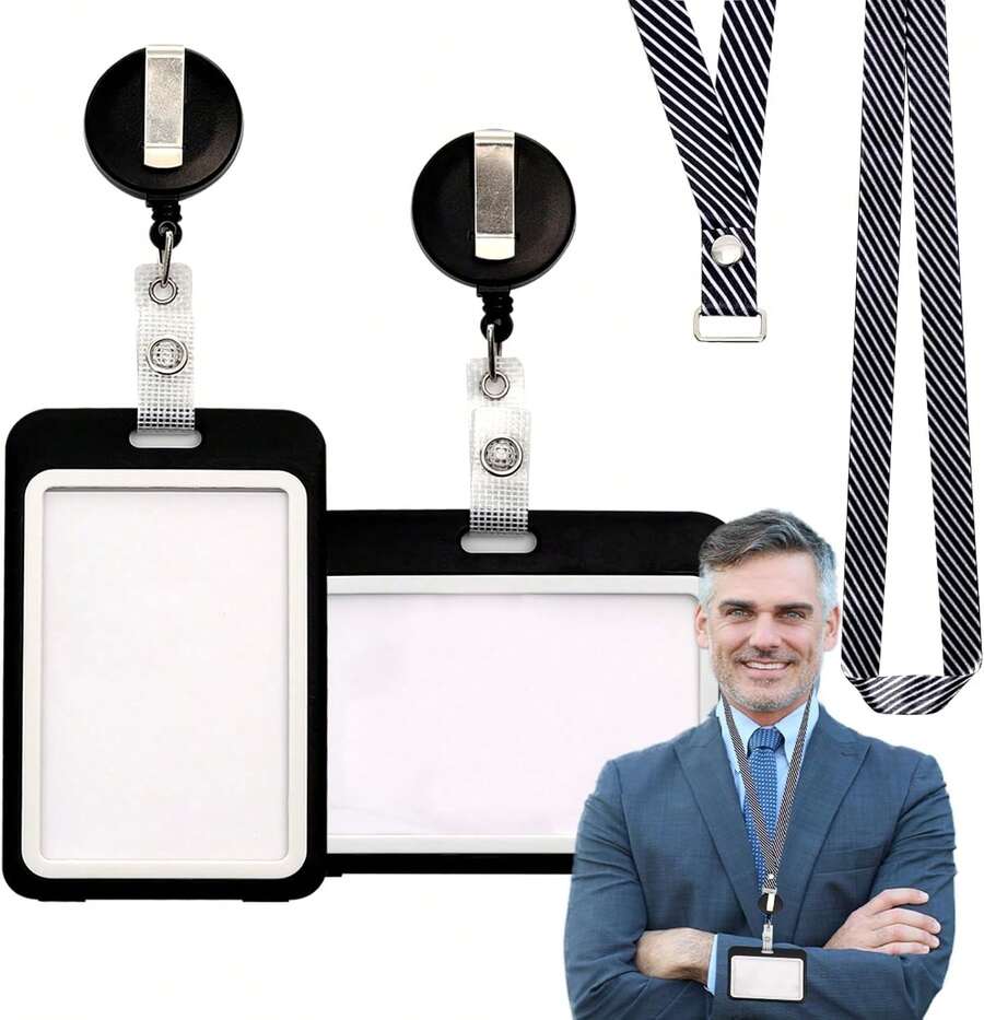 2Pcs Sujetador De Insignia para Tarjetas de ID Vertical y Horizontal para Mujer y Hombre,Protector de Gafete con Cordones para Gafete Retractil,Porta Gafete para Negocios Oficina (Negro) - blanco - Ver 1
