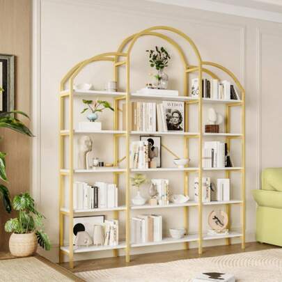 170 x 26 x 190 cm Regal im schlichten Stil, Stahlrohr-MDF-Material, fünf Schichten Stauraum, einzigartige Wolkenform, einfach zu montieren und zu reinigen, Gold + Weiß