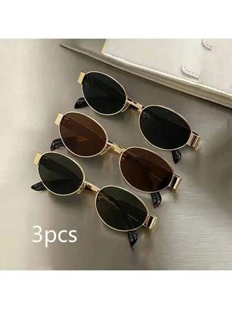 3pcs Oval/Rhombus Shaped Multifunctional Fashionable Metal Fashion Glasses, Suitable For Women Traveling, Leisure, Vacation And Beach Wear