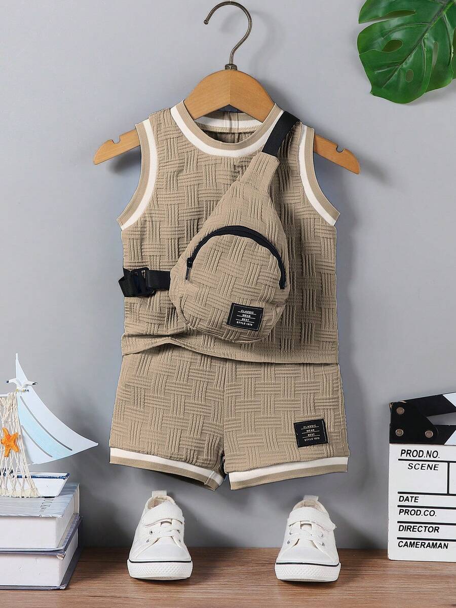 Bộ 3 món mùa hè cho bé trai, áo ba lỗ cổ gân, vải dệt họa tiết, màu trơn, gồm áo ba lỗ, quần short và túi đeo chéo, trang phục thường ngày thời trang. - Màu Khaki - Xem 1