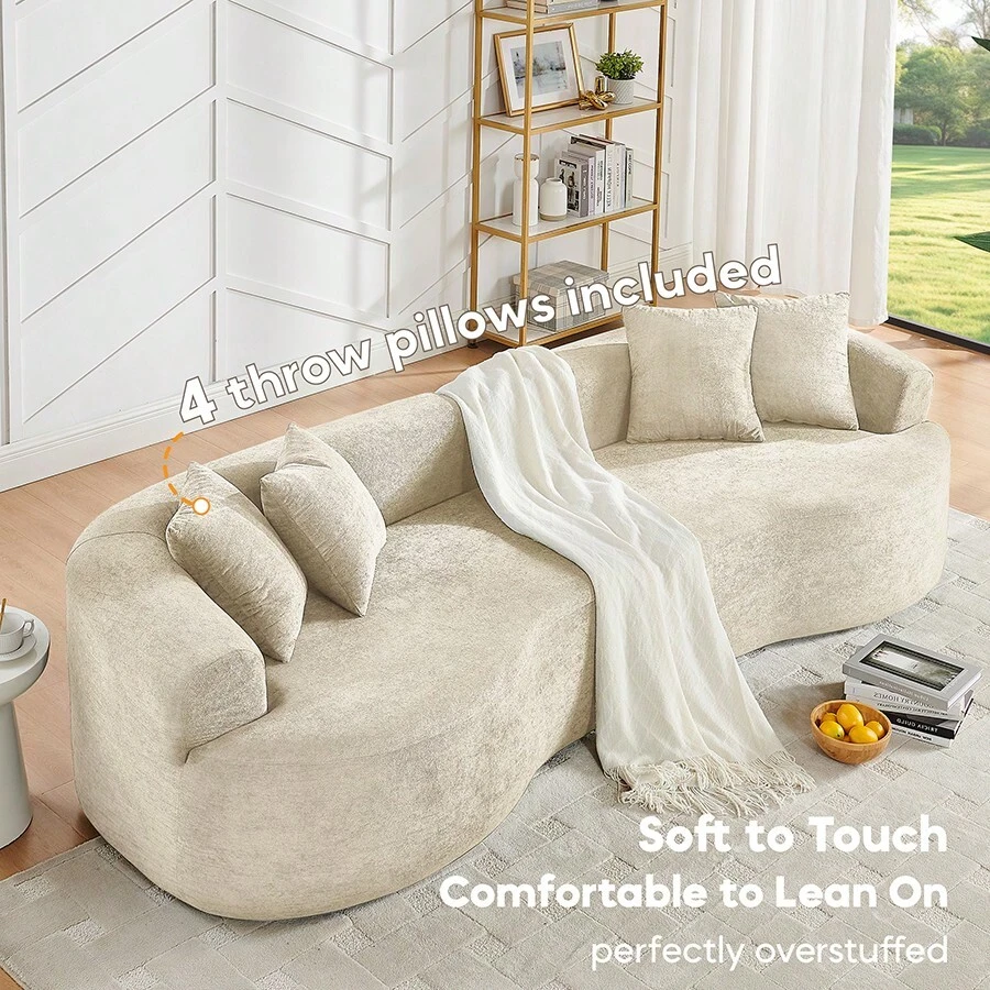 YOGLAD 112" Modern Cloud 4-Seater Sectional Curved Sofa, Minimalist Compression Living Room Couch, Chenille Upholstered Oversized Fluffy Sofa With Deep Seat, Modular L-Shaped Cloud Couch For Small Space, Plush Velvet-Like Soft Fabric Boneless Sofa With Supportive High-Density Foam & Spring, Easy To Move, Washable Removable Cover, Pet-Friendly Lounge Sofa Bed, Contemporary Apartment Furniture, No Assembly Needed, Black/Grey/Green - 米色 - 查看 1