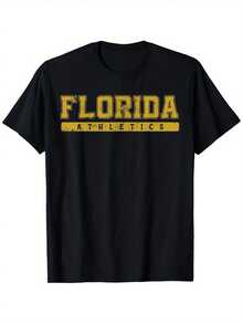 Camiseta de texto vintage de atletismo de Florida para hombres - Negra con letras retro amarillas.% Algodón Tela Ultra-Suave que Absorbe la Humedad y Transpirable. Camiseta de Corte Regular con Cuello Redondo y Manga Corta para Correr, Gimnasio y Ropa Casual. Camiseta de algodón suave de estilo deportivo para el fin de semana. Camiseta Deportiva - Negro - Ver 7