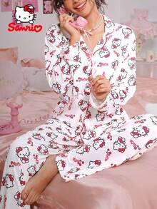 Pajamoom Sanrio 2 Pieces Women's HelloKitty,Hello Kitty Pajamas,Sanrio Pajamas,Red&White,Cherry&Letter Print,Long Sleeved&Pants Sleepwear,Cute Sleep Set,Loungewear Set - Red and White - View 1