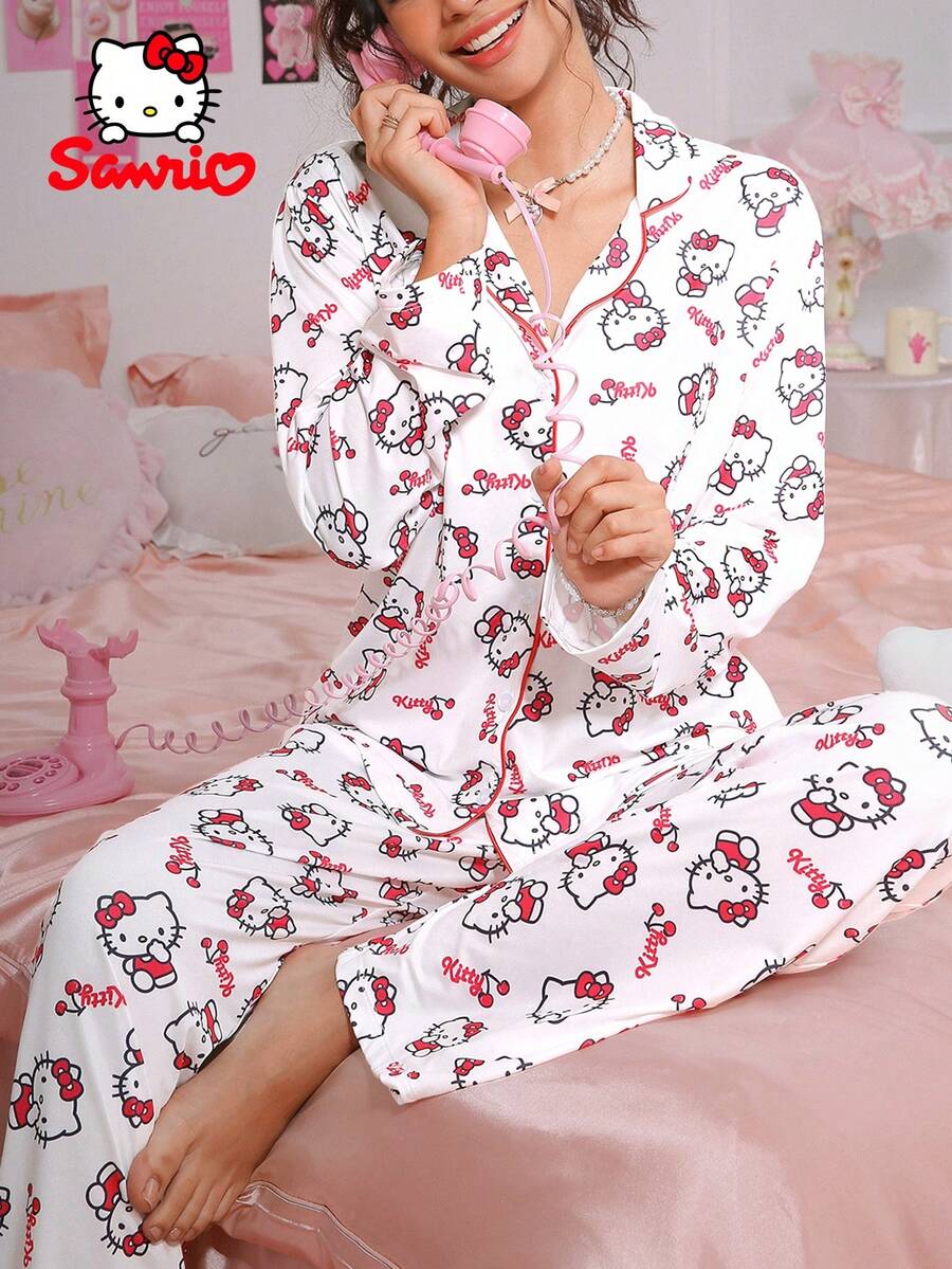 Pajamoom Sanrio 2 Pieces Women's HelloKitty,Hello Kitty Pajamas,Sanrio Pajamas,Red&White,Cherry&Letter Print,Long Sleeved&Pants Sleepwear,Cute Sleep Set,Loungewear Set - Red and White - View 1