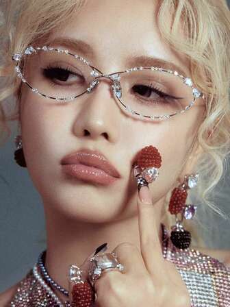 Rhinestone Oval Eyeglasses Frame, Niche High-End Non-Prescription Glasses, Metal Minimalist Style For Photography