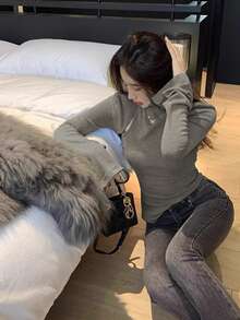 镂空长袖高领修身打底衫，版型显瘦，保暖又显瘦 - 灰色 - 查看 6