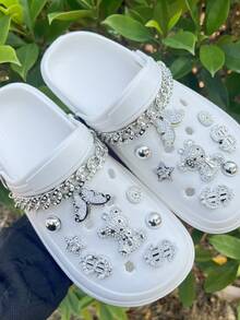 18件套DIY水钻银熊链条装饰，适用于镂空鞋、凉鞋，四季皆宜，节日礼物