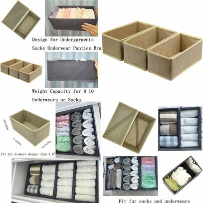 Drawer Organizer Set Of 3 Foldable Fabric Storage Boxes 11"X5.5"X4.8" Underwear Socks Dividers For Dresser Closet Wardrobe Bra Panty Leggings Khaki