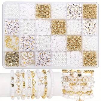 1000pcs DIY Daisy Jewelry Making Kit - Unique Pendant Design, Shiny Gold Spacer Beads, Glossy Pearls And Personalized Letter Beads, For Fashionable Bracelet Accessories