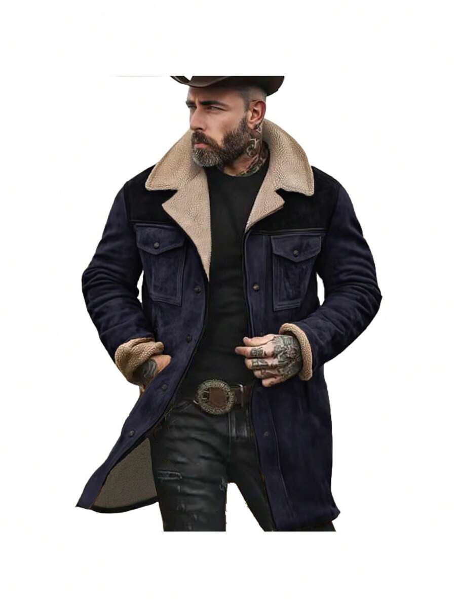 Men's Trench Coat,Men's Autumn/Winter Suede Color-Blocked Jacket With Multiple Pockets And Zipper - Navy Blue1 - 查看 1