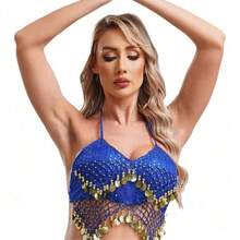 Women Halter Bra Tops Sequin Beads Tassel Lace-Up Belly Dance Crop Top Boho Festival Bellydance Performance Costume Dancewear - Multicolor - View 4