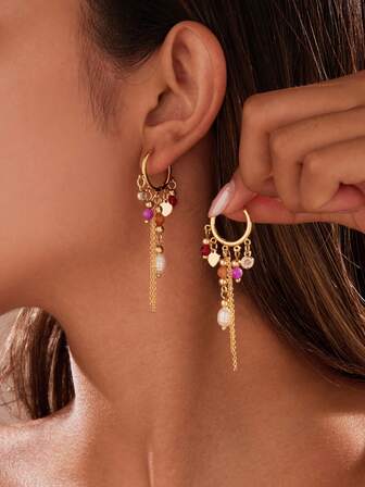 1 par de pendientes elegantes y retro para mujer, pendientes colgantes bohemios con borlas largas, accesorio de moda versátil adecuado para fiestas, regalos, uso diario, vacaciones, Día de San Valentín