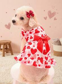 PETSIN 情人節1件粉色愛心和紅色蝴蝶結設計的可愛寵物短袖印花連衣裙（適用於貓狗） - 彩色 - 查看 4
