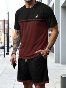 Men's Contrast Color Round Neck Casual Short Sleeve T-Shirt And Shorts Set - Merah - View 2