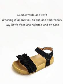 1双时尚纯色蕾丝优雅魔术贴女童平底凉鞋，舒适耐穿，适合户外活动和夏季穿着。 - 黑色 - 查看 8