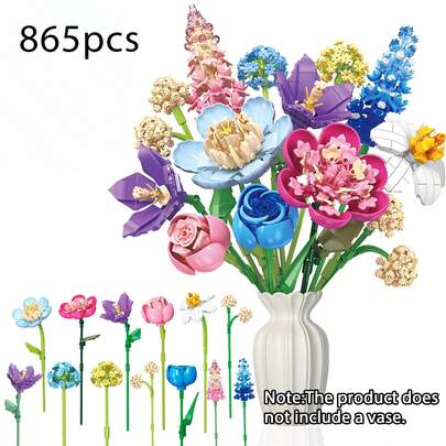 Blombukett-byggklossleksak, med realistiska och eviga blommor, lämplig som dekoration för TV-bänk eller matbord, utmärkt present till pojkar och flickor, perfekt för alla hjärtans dag