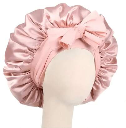 [Pink Satin Bonnet] Soft Luxurious Pink Satin Bonnet - Adjustable Tie Band & Bow Accent, Comfortable Ruffled Design For A Snug Fit, Hair Protection |   Satin Cap |   Smooth Satin Finish For Women & Men