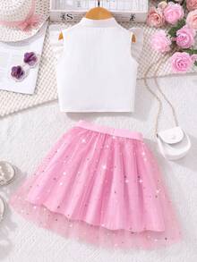 Bộ 2 món cho bé gái: Áo cardigan tay bồng màu trắng cài cúc thêu hoa và chân váy lưới lấp lánh màu hồng, trang phục thường ngày kiểu công chúa ngọt ngào. - trắng - Xem 2