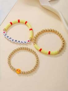 Set de 3 piezas Pulsera con dijes de pelotas deportivas, pulsera minimalista con cuentas de letra de fútbol, baloncesto, béisbol - Joyería de lujo para mujer, adecuada para uso diario y de fiesta - Multicolor - Ver 2