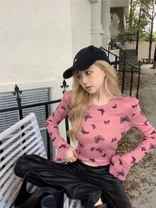 Butterfly Print Round Neck Long Sleeve T-Shirt, Fitted Cropped Tie-Up Undershirt For Women - Pink - View 1