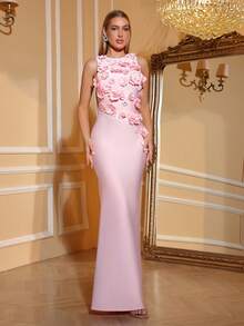 Love Aing Robe rose élégante, convenant pour les mariages, les fêtes, les mariages du Ramadan, également adaptée comme tenue d'invité pour les galas de gala officiels. Robe de soirée coupe sirène avec décoration florale 3D faite à la main, parfaite pour les cocktails d'affaires et les photos de rue romantiques, dégageant une élégance gracieuse. Robe d'été pour femmes, convenant pour les vacances et les sorties. - Rose bonbon - Voir 5