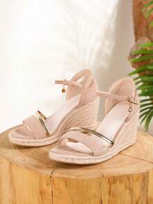 女士厚底坡跟鞋,草编绳厚底高跟鞋,休闲时尚复古简约轻便凉鞋,波西米亚海滩风,春夏款 - 杏色 - 查看 7