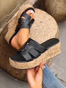 Bohemian Spring/Summer New Luxury Fashion Women's Wedge Slippers, Outdoor Wear Increasing Height Sandals, Black Beach Slippers, Casual Fashion Flat Sandals - Black - View 1