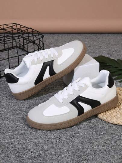 Women's Casual Sneakers - Black & White Contrast Synthetic Leather & Fabric Upper, Breathable Round Toe Design, Durable Rubber Sole, Low-Top Lace-Up, Suitable For All Seasons, Daily Wear, Classic Silhouette, Lace-Up Design, Platform Sneakers, Y2K Style, Outdoor Sports Shoes