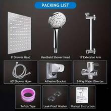 IDKWB Shower Head, 8Inch High Pressure Rainfall Shower Head/Handheld Shower Combo With 11 Inch Extension Arm, 5 Settings Adjustable Anti-Leak Shower Head With Holder/Hose, Height/Angle Adjustable - Chrome-10 Inches - View 3