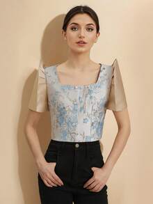 Amyenjoylife Modern Philippine Inspired Elegant Jacquard Short Sleeve Top, Summer - Blue - View 5