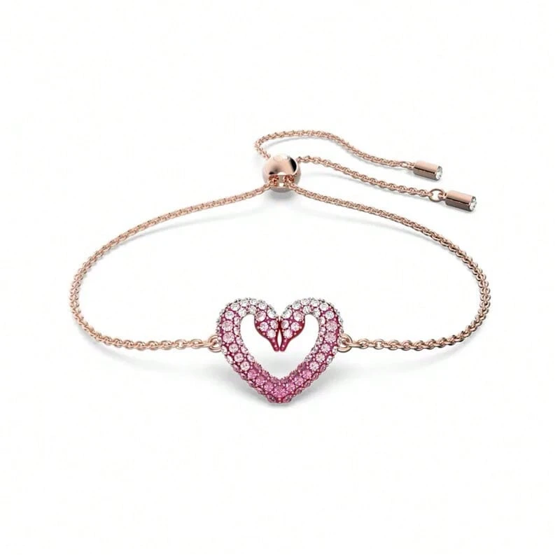 SWAROVSKI UNA Heart-Shaped Swan Crystal Bracelet/Bangle - Birthday Gift For Women, Mother, Girlfriend, Lover, Christmas Gift, New Year Gift, Birthday Gift, Back-To-School Gift, Wedding Gift - Pink - View 1