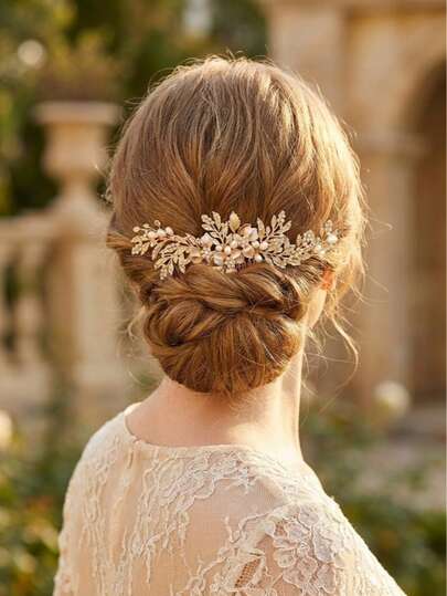 1pc Nature-Inspired Metal Rhinestone & Pearl Hair Comb, Gift For Women,Wedding Hair Accessories