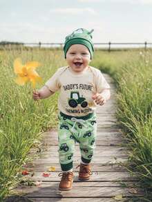 Conjunto de bebé niño, mono, pantalón y camión de ganso tonto para el futuro granjero de papá, ropa de primavera para recién nacidos, gorro - Esmeralda - Ver 2