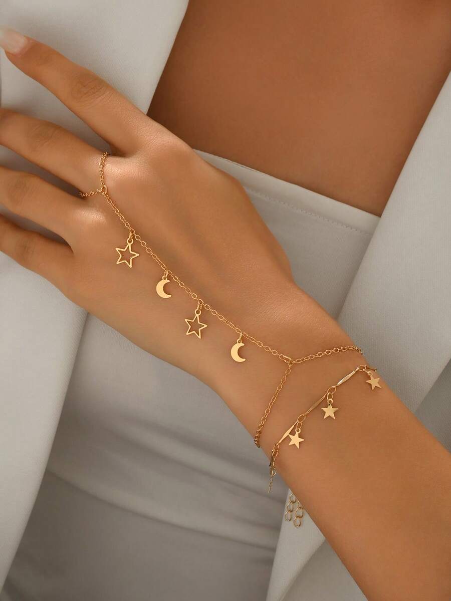 2pcs/Set Starry Moon Tassel Element Finger Chain Set, Fashionable Double-Layer Stacking Bracelet, Suitable For Ramadan, Daily Wear, Dates, And Photo Shoots. Handmade Chain Length Customized, Tassel Quantity Random